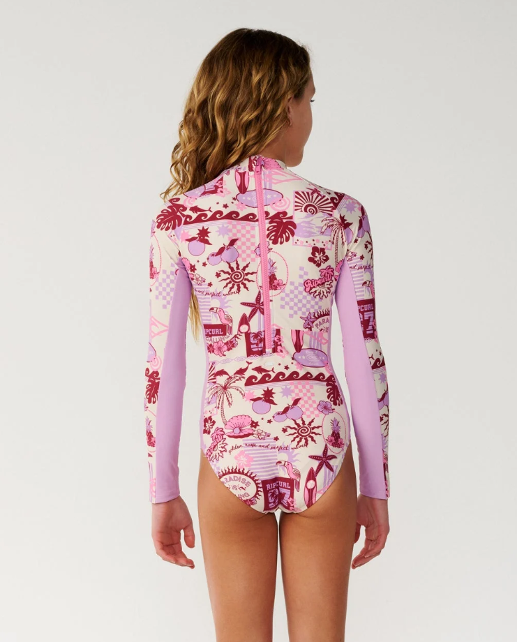 Rip Curl Costa Del Sol Girls Longsleeve Surfsuit in lilac colourway on model from the back