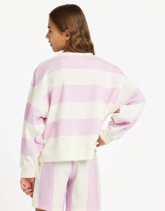 Roxy Girls Little Things Crew Neck in pink and white stripe on young model from the rear