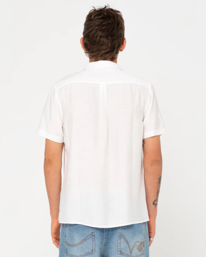 Rusty Razor Blade Men's Short Sleeve Shirt in whisper white on model from rear