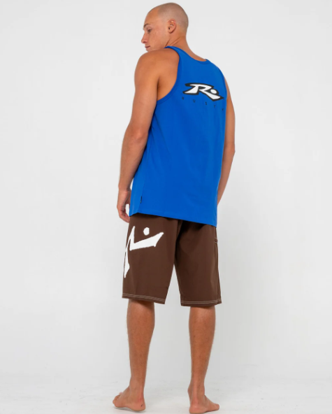 Rusty Registered Men's Tank in royal blue on model from rear full length