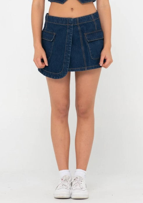 Rusty Ryley Low Rise Cargo Denim Mini Skirt Deep Blue Colourway  