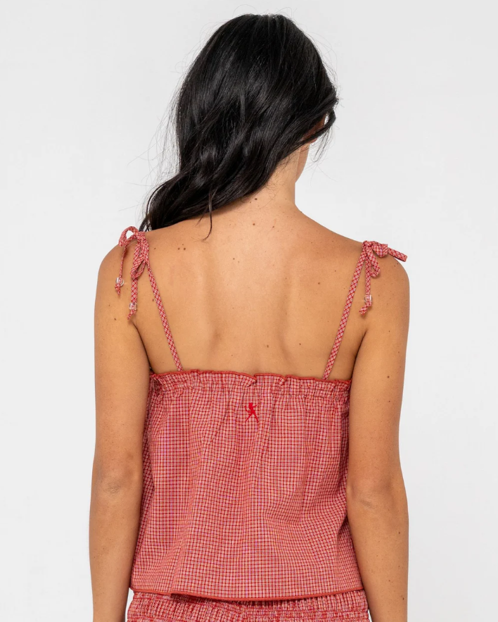 Rusty Summer Court Cami in red check on model from rear