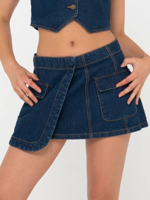 Rusty Ryley Low Rise Cargo Denim Mini Skirt Deep Blue Colourway  