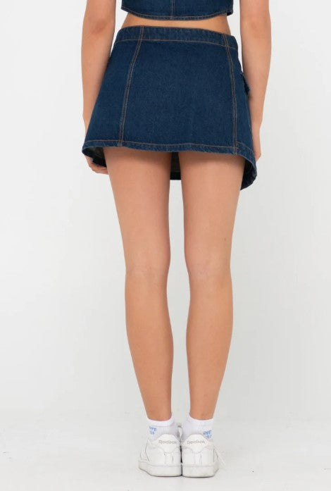 Rusty Ryley Low Rise Cargo Denim Mini Skirt Deep Blue Colourway  