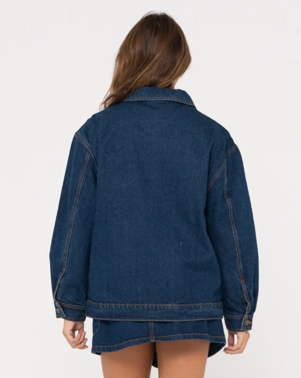 Rusty Ryley Oversized Zip Through Denim Jacket  in deep blue on model from rear