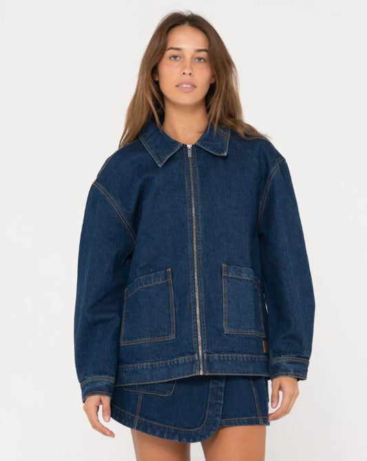Rusty Ryley Oversized Zip Through Denim Jacket  in deep blue on model from front