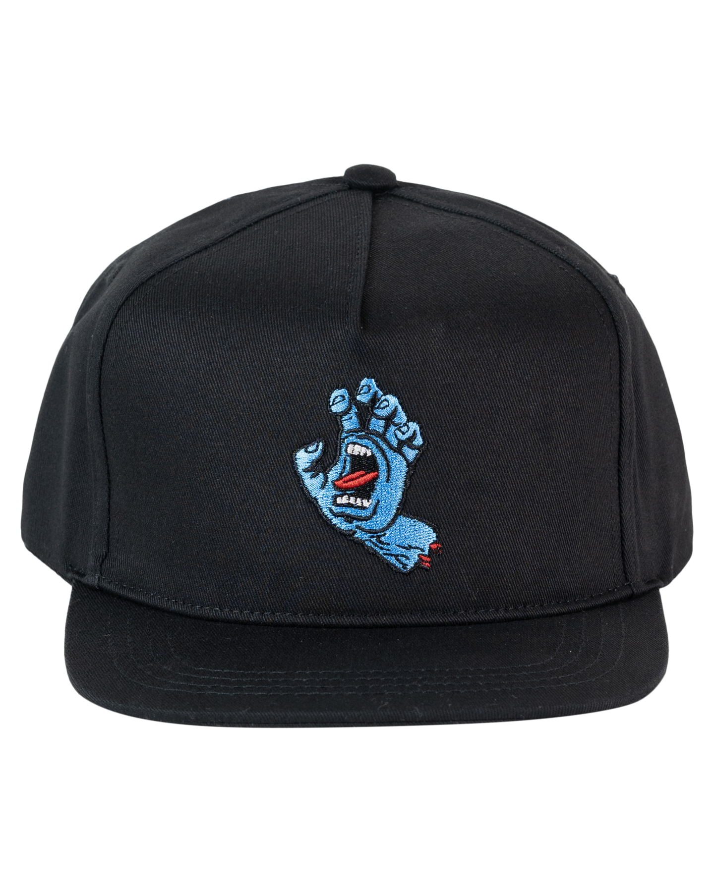 Santa Cruz Boys Screaming Hand Snapback Cap in black from front with embroidered screaming hand
