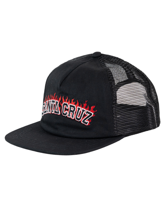 Santa Cruz Flamed Collegiate Arch Boys Trucker Cap in black showing front/side view