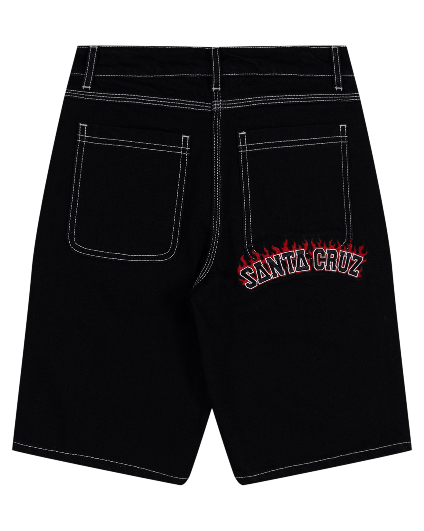 Santa Cruz Youth Flamed Collegiate Arch Denim Shorts in black from rear showing embroidered logos