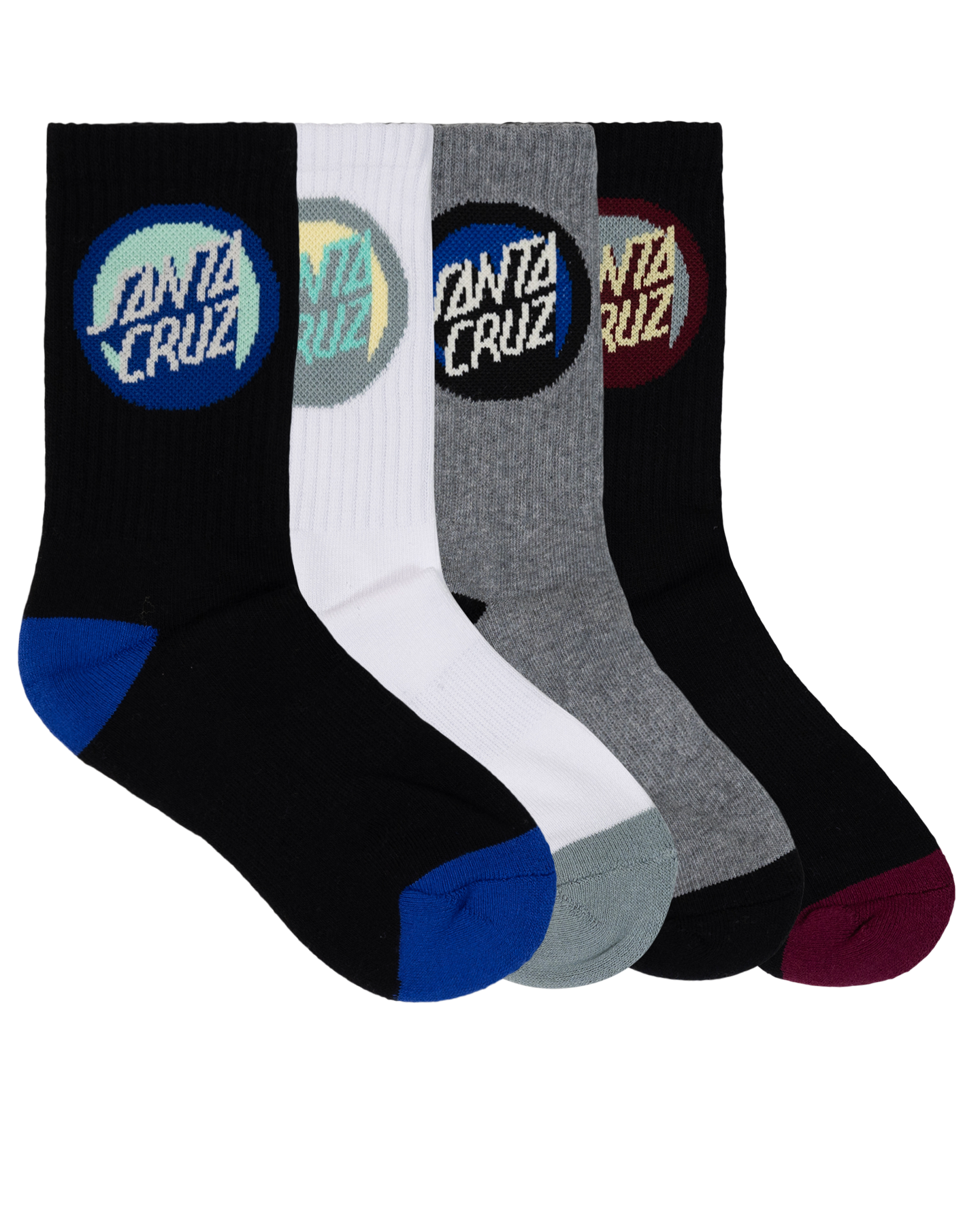 Santa Cruz Youth Bold Shadow Dot Crew 4 Pack Socks showing all 4 socks
