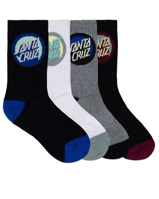 Santa Cruz Youth Bold Shadow Dot Crew 4 Pack Socks showing all 4 socks
