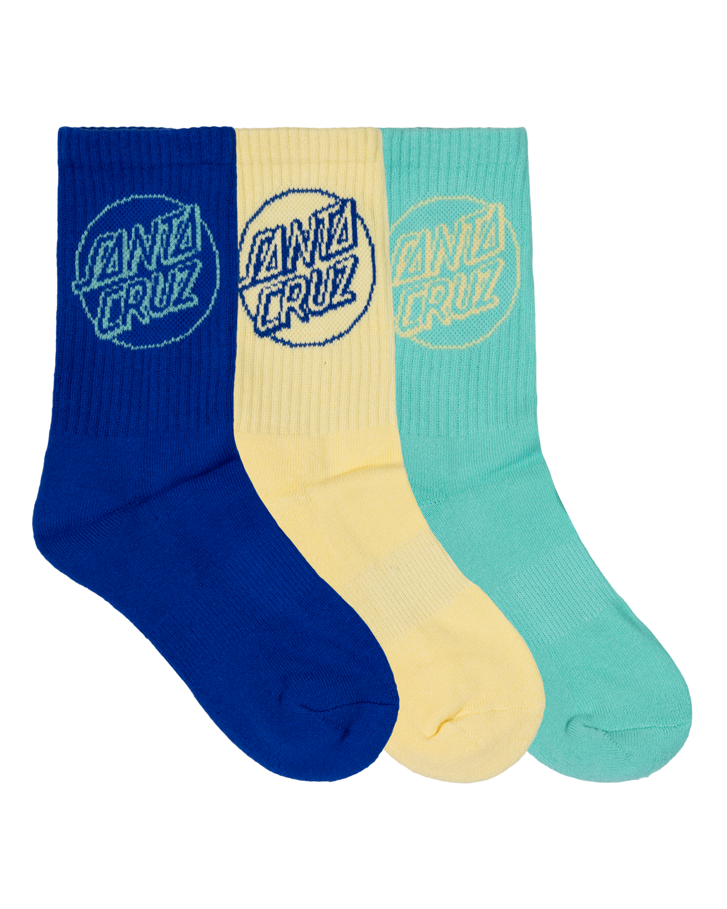 Santa Cruz Opus Dot Youth Crew Sock 3 Pack (Size 2-8) showing all 3 socks, cobalt, butter and mint