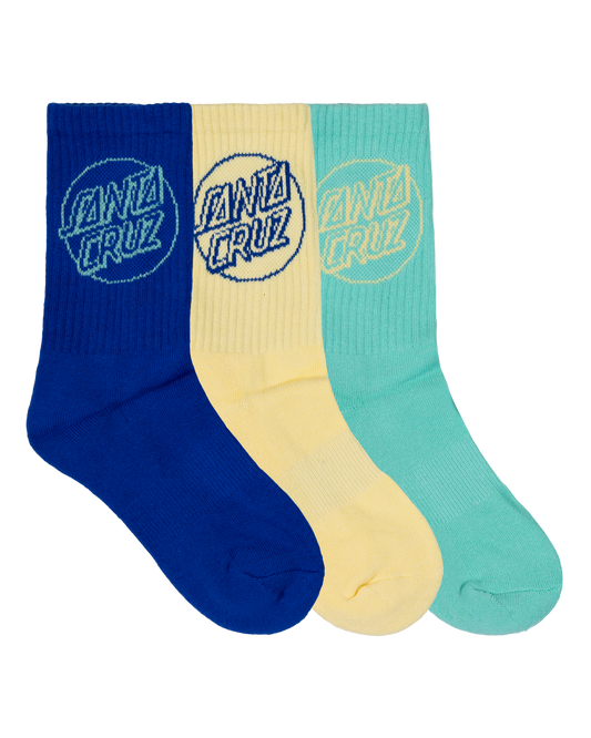 Santa Cruz Opus Dot Youth Crew Sock 3 Pack (Size 2-8) showing all 3 socks, cobalt, butter and mint