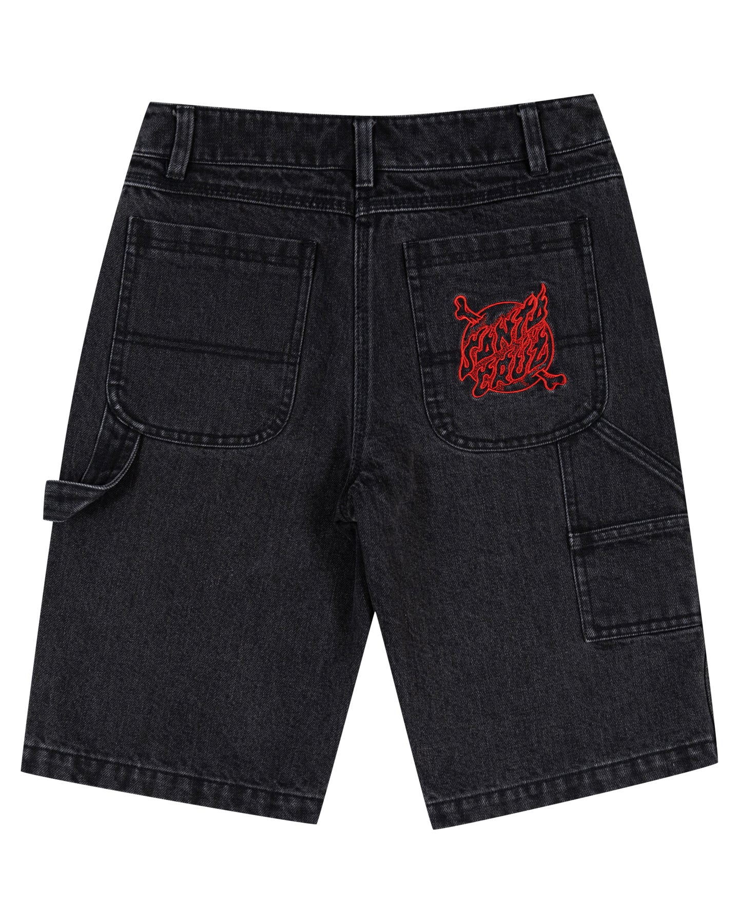 Black denim shorts with a red logo on the back pocket against a white background