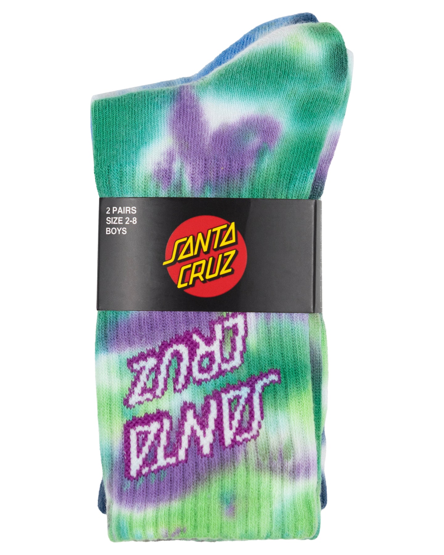 Pack of tie-dye socks with Santa Cruz branding on a white background