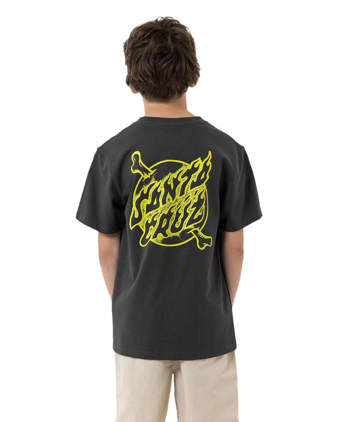 Person wearing a black t-shirt with yellow graphic on the back, standing against a white background