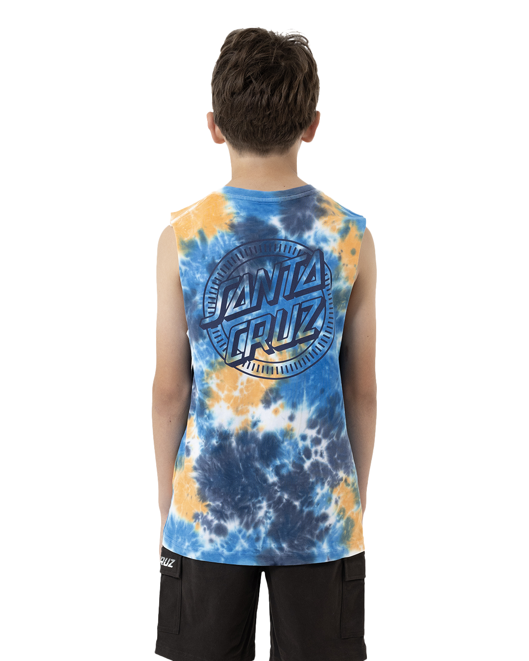 Person wearing a tie-dye sleeveless shirt with a brand logo on the back, on a white background