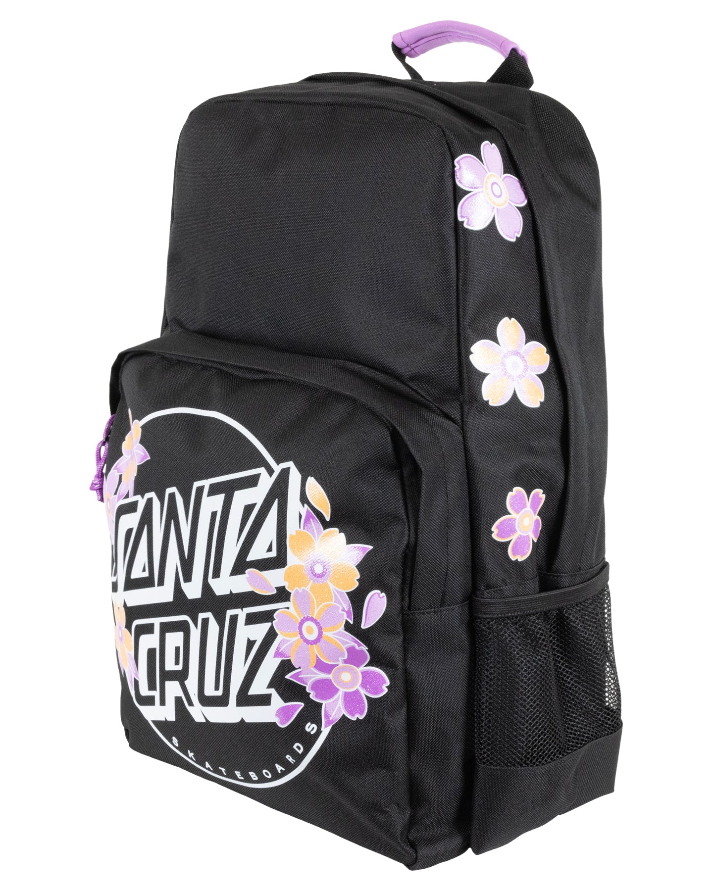 Santa Cruz Blooming Dot Stack Backpack in blakc ith floral design on santa cruz logo from side