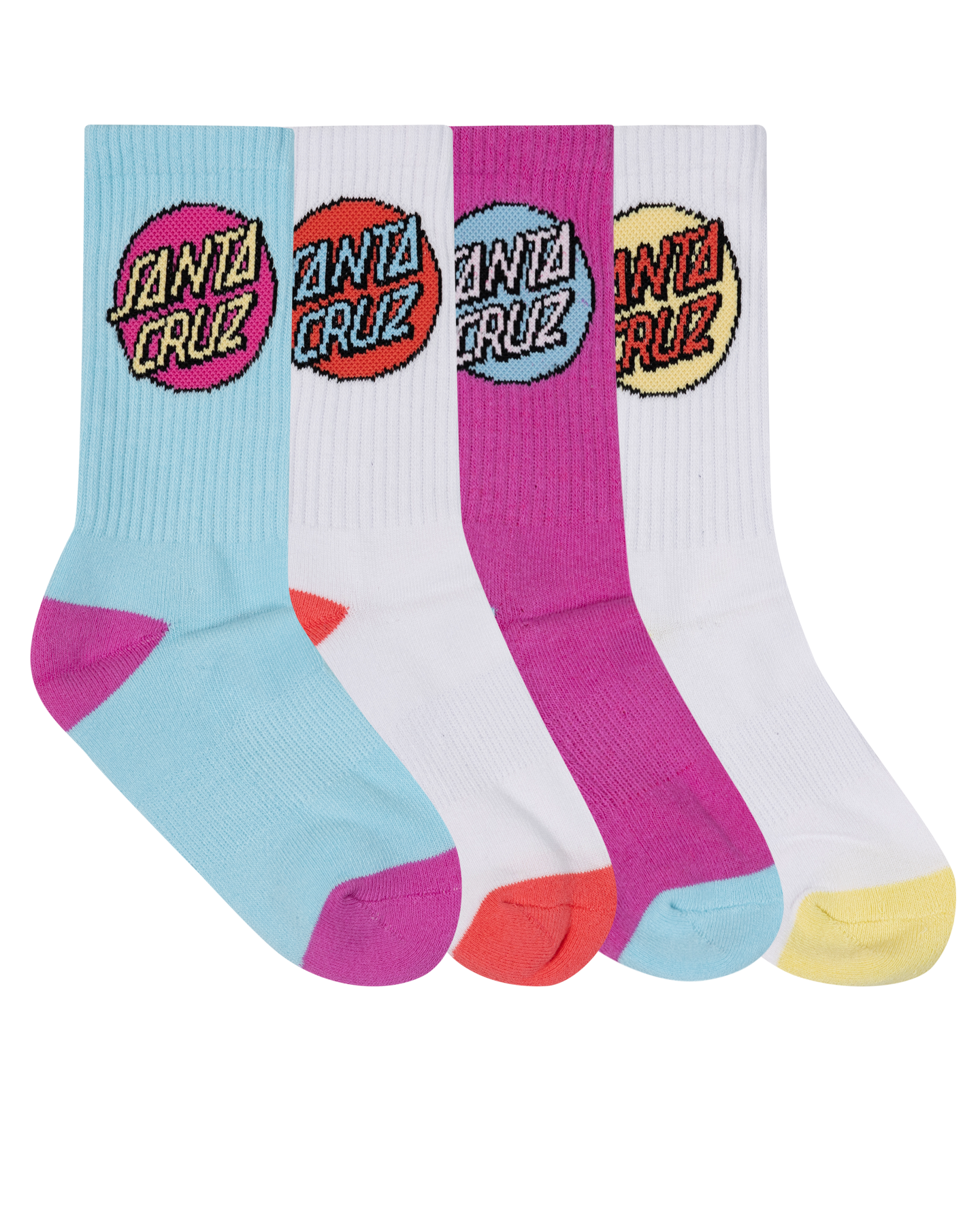 Santa Cruz Girls Other Dot Crew Sock 4 Pack in white, teal and pink showing all socks