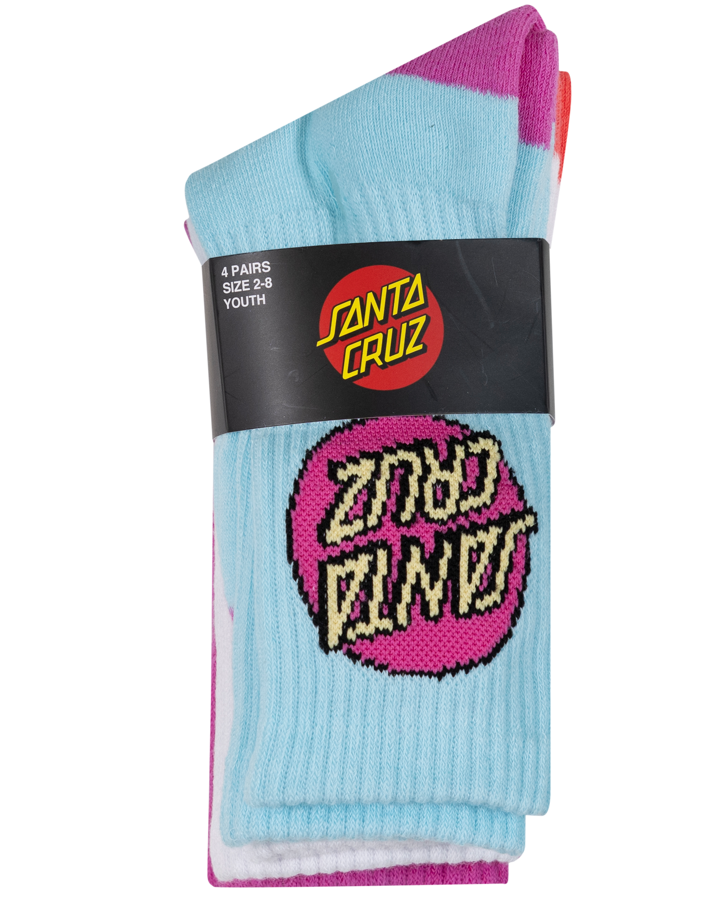 Santa Cruz Girls Other Dot Crew Sock 4 Pack in white, teal and pink showing pack
