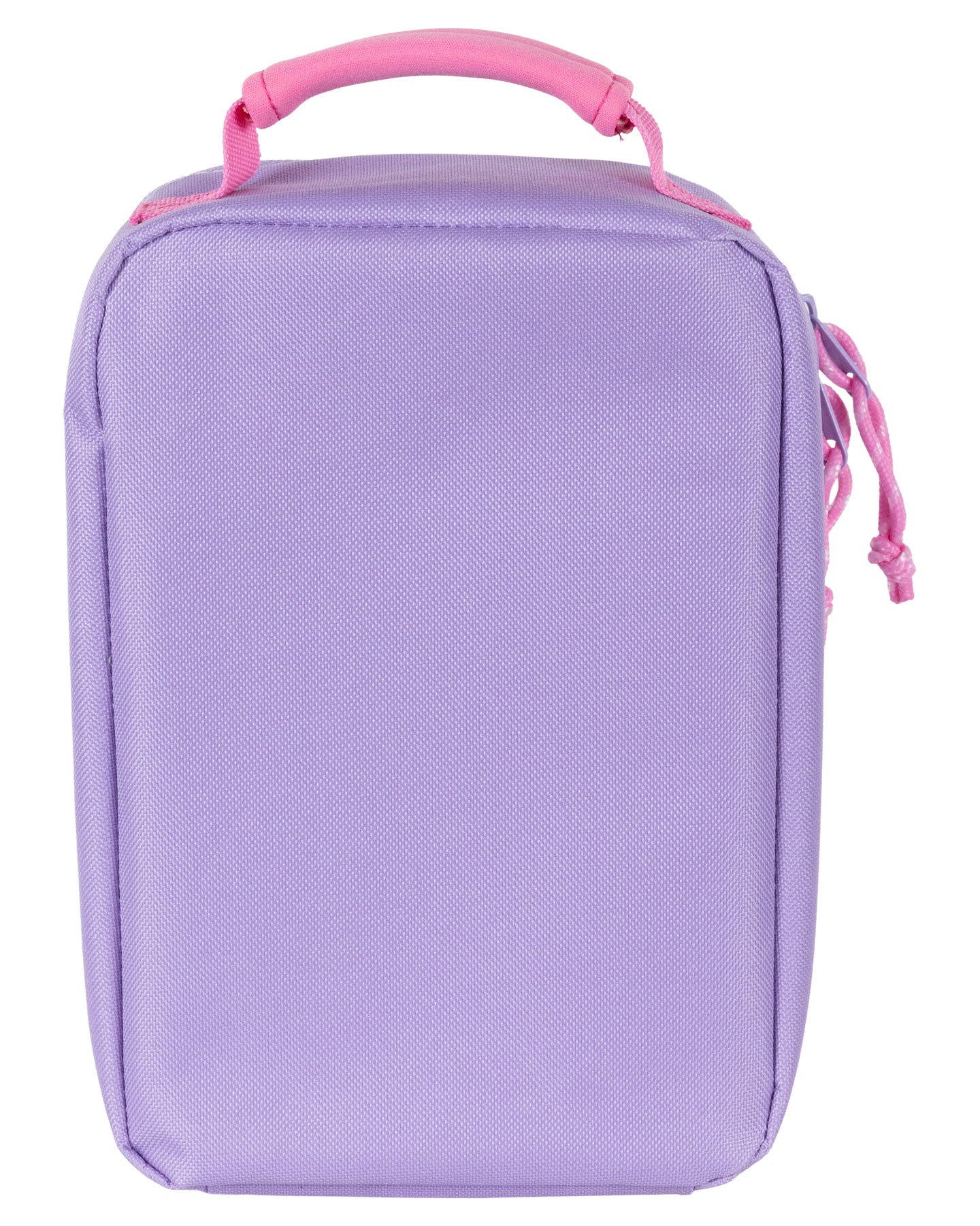 Purple rectangular pouch with pink handle and strings on a white background