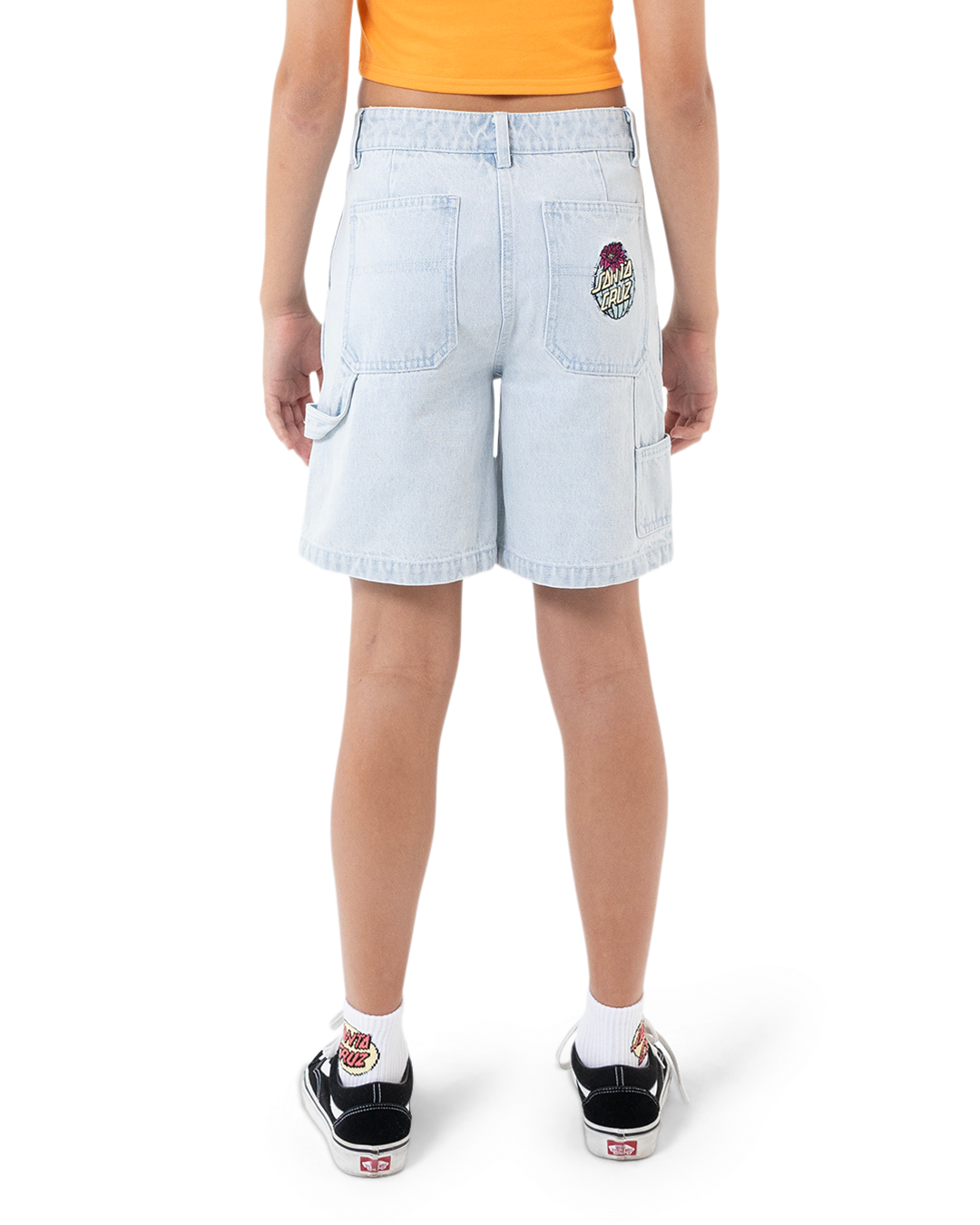 Light blue denim shorts with a logo on a white background