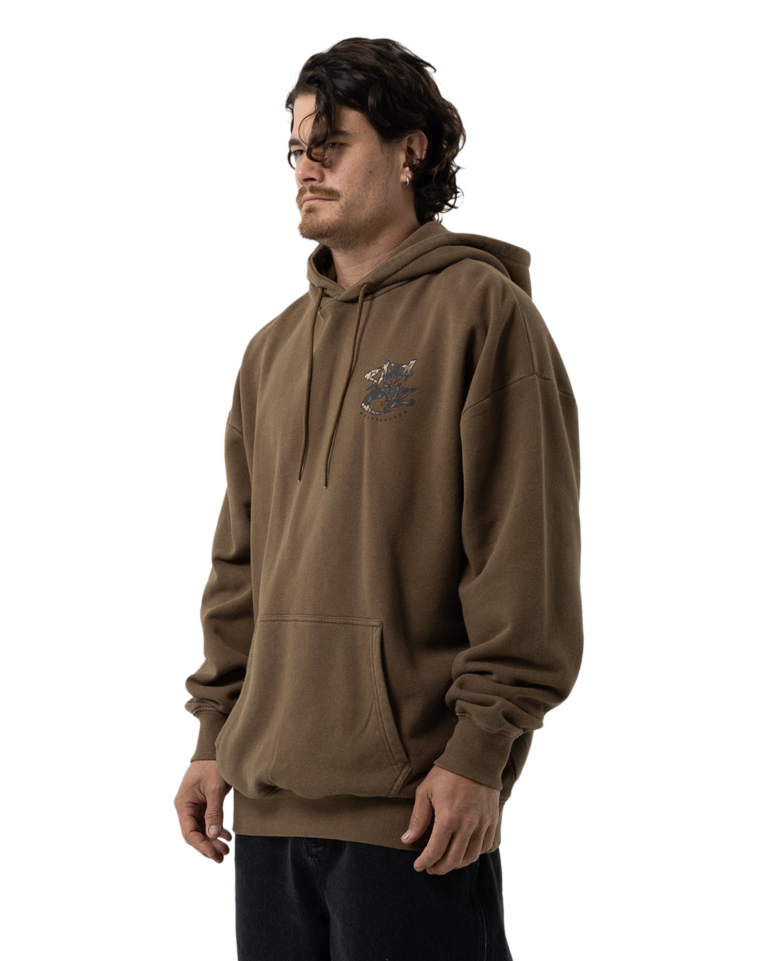Santa Cruz Pace Deathtrap Oversized Hoodie in brown on model from side