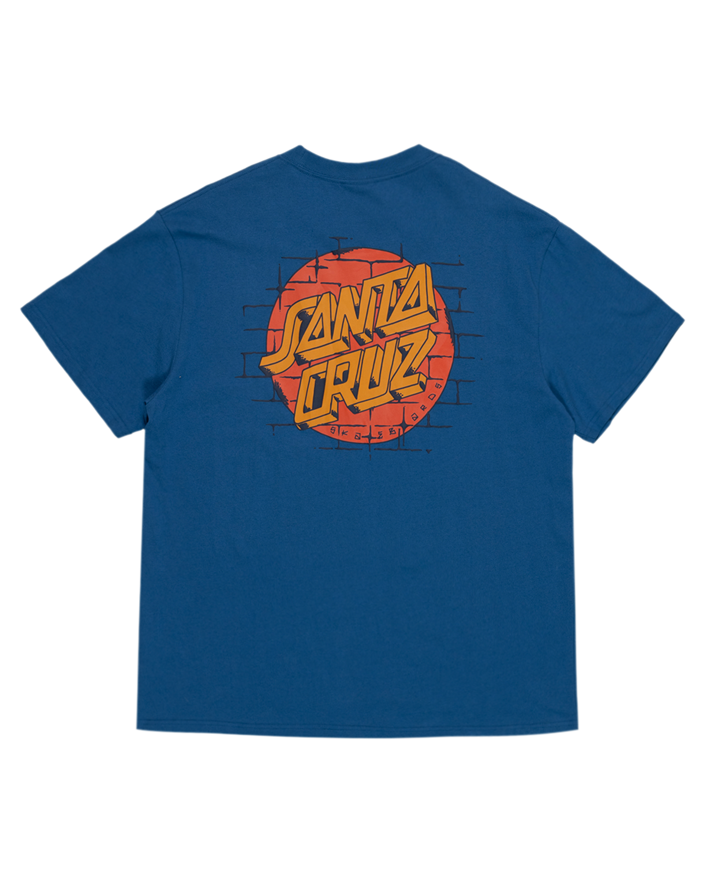 Santa Cruz Scrawl Brick Dot Mens T-Shirt in blue with santa cruz logo on a printed brick wall from the back