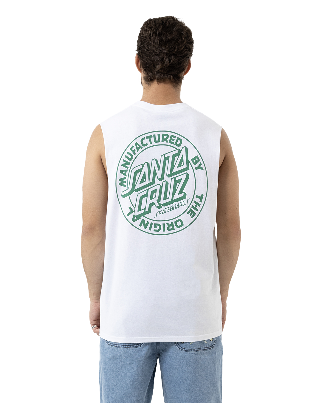 Person wearing a white sleeveless shirt with 'Santa Cruz' logo on the back, standing against a white background.