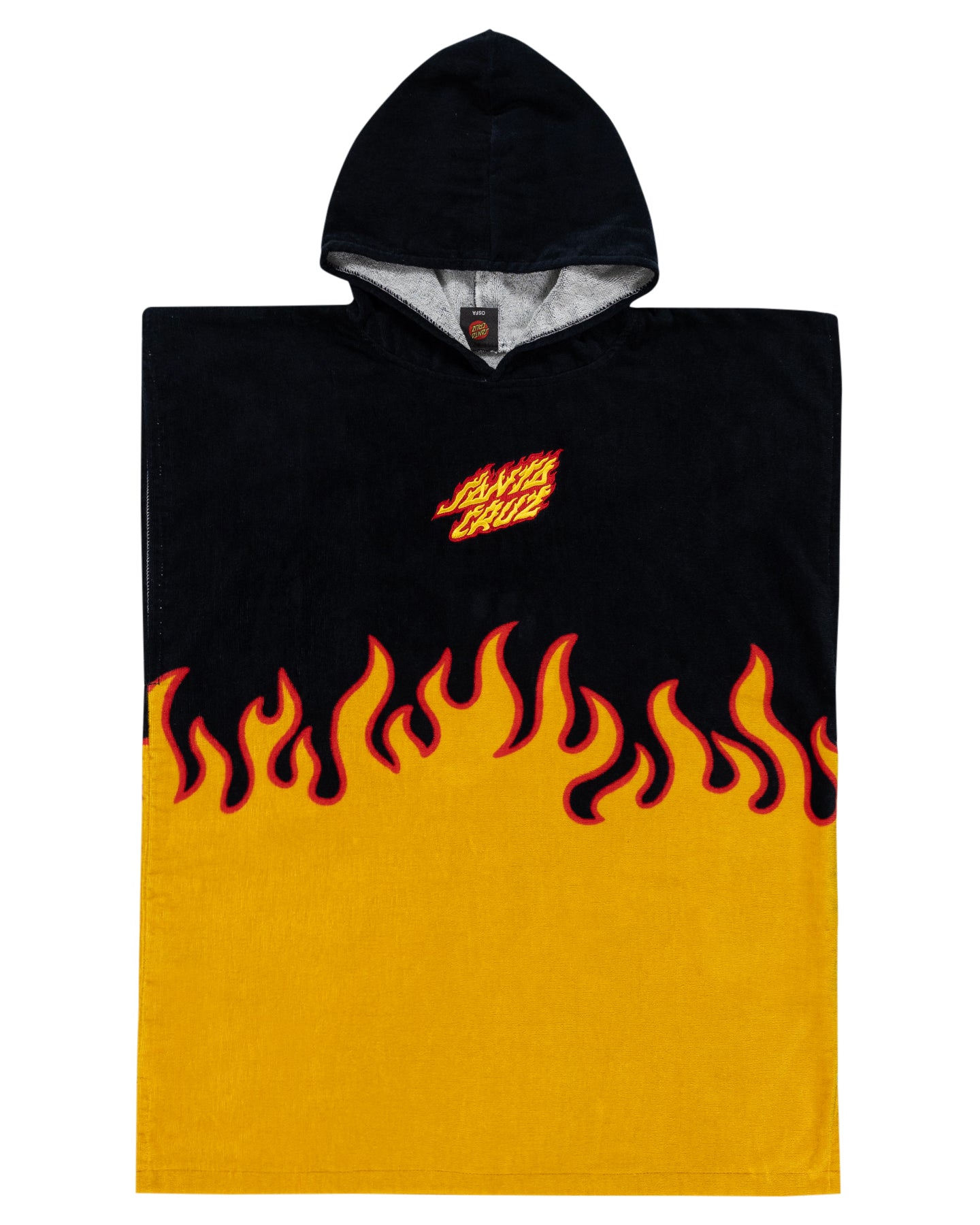 Black and yellow hooded poncho with flames and Santa Cruz logo on a white background