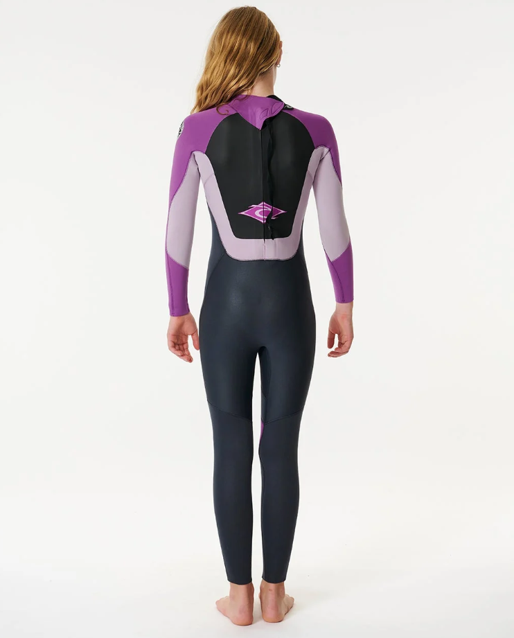 Rip Curl 3/2mm Omega Youth GBS BZ Wetsuit in dark purple colourway on model from the rear