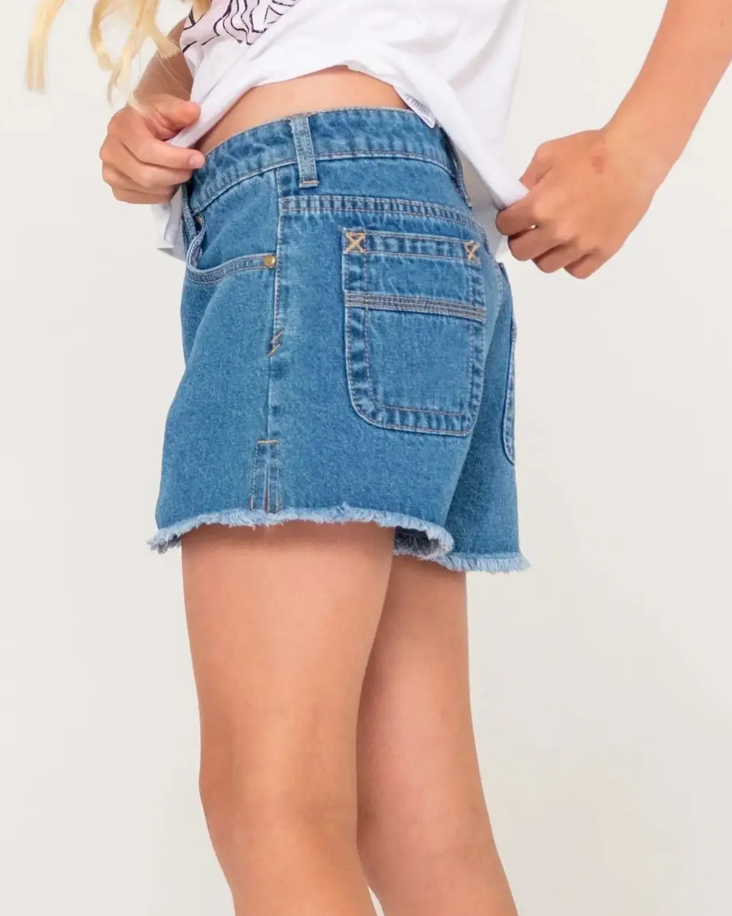 Rusty Penny Kick Flare Girls Denim Shorts in middy blue from the side