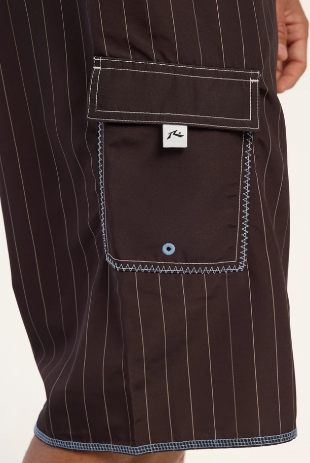 Rusty Scribbla 24" Fixed Waist Boardshorts in java brown with pin stripes from right side showing pocket