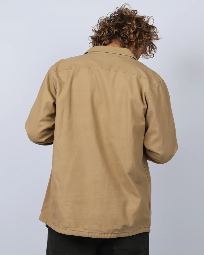 T&C Kauai Canvas Jacket in kahki on male model back