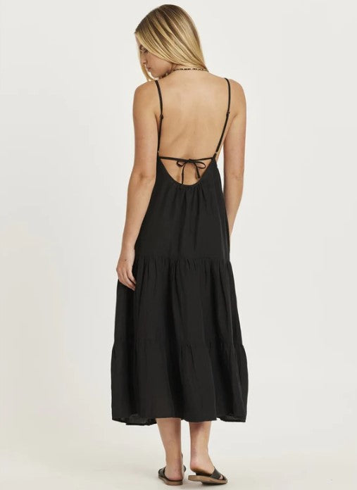 Amuse Society Check Me Out Woven Midi Dress in black on blonde model from rear