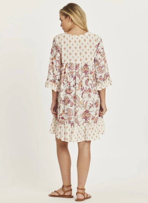 Amuse Society Spring Fling Woven Mini Dress in sandy white floral on model from rear
