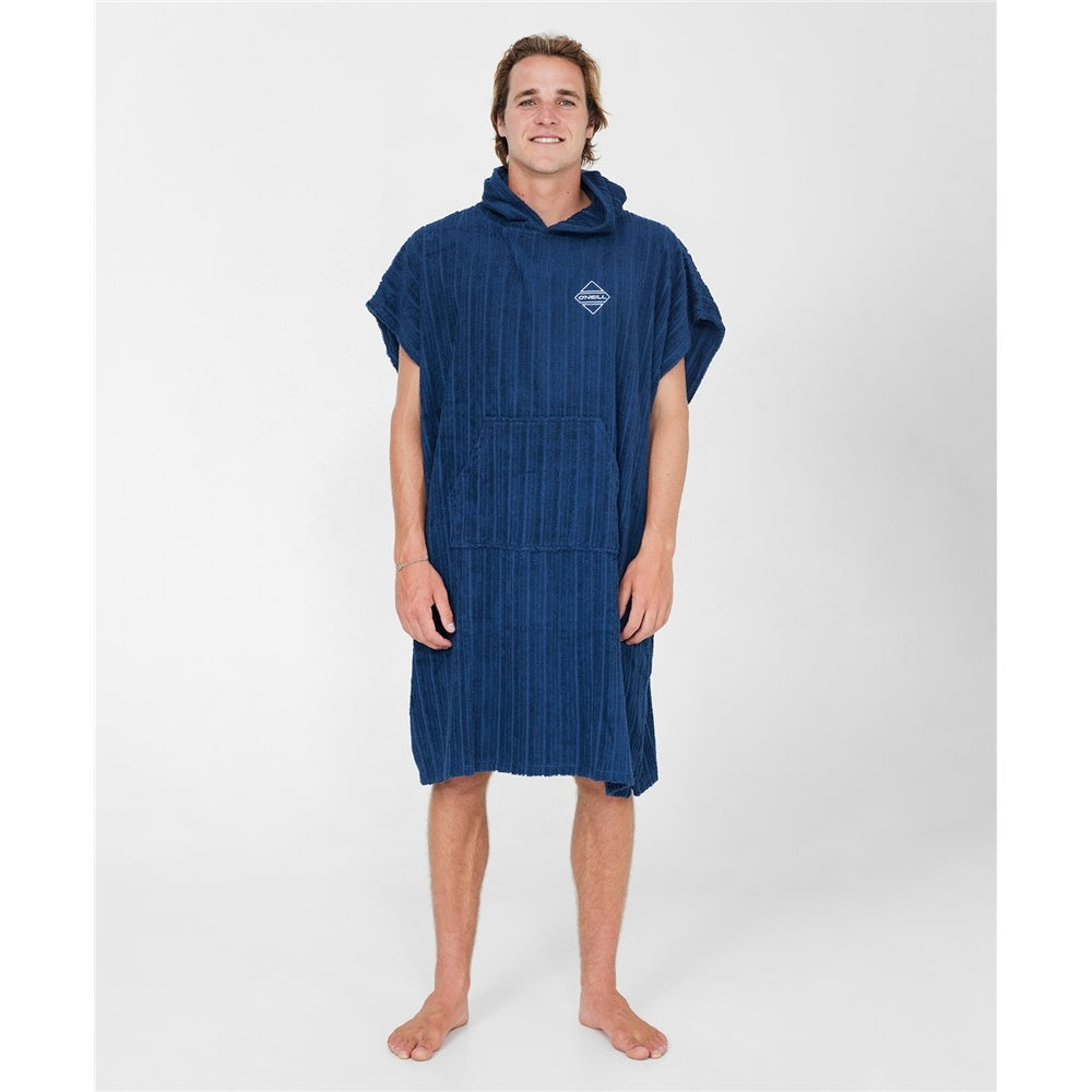 O'Neill TB3X Mens Hooded Towel in blue on model from front with hood down