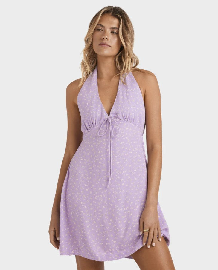 Billabong All Round Halter Dress in light purple on model from front close up