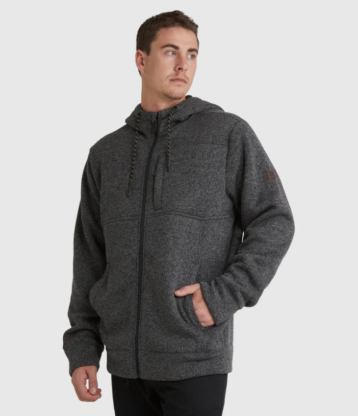 Billabong Boundary Sherpa Zip Hoodie in black heather colourway from front on model