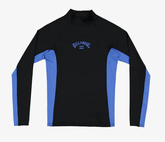Billabong Boys Arch PF Long Sleeve Rash Top in black with blue panels