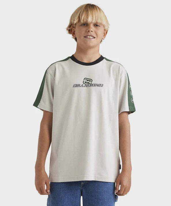 Billabong Boys Spec 73 T-Shirt in silver with green stripe on arms from front