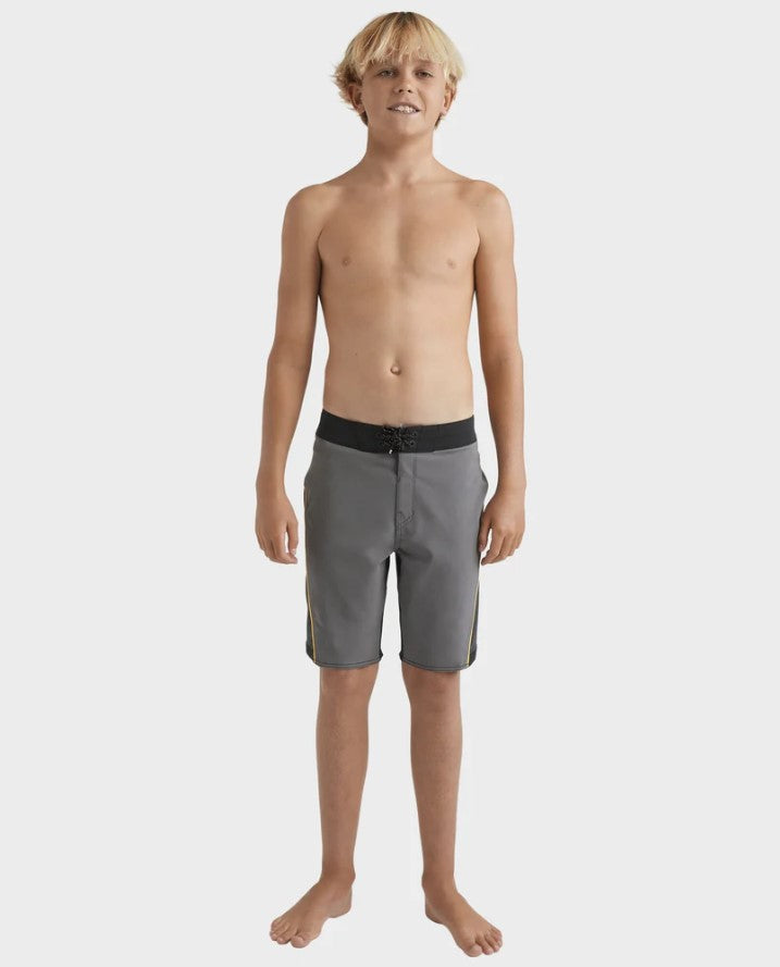 Billabong Boys Straddie Pro Tech Boardshorts in pewter with black on blond child model from front on white background