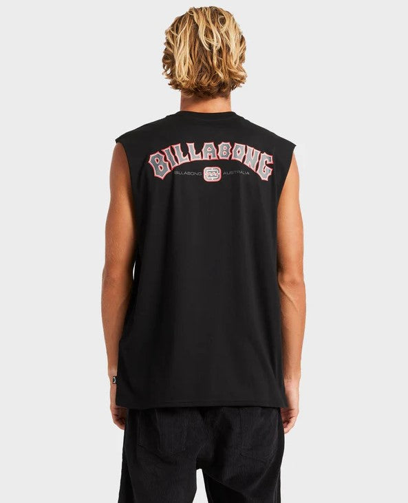 Billabong Chrome Arch Mens Muscle Top in black on man wearing black walkshorts from rear