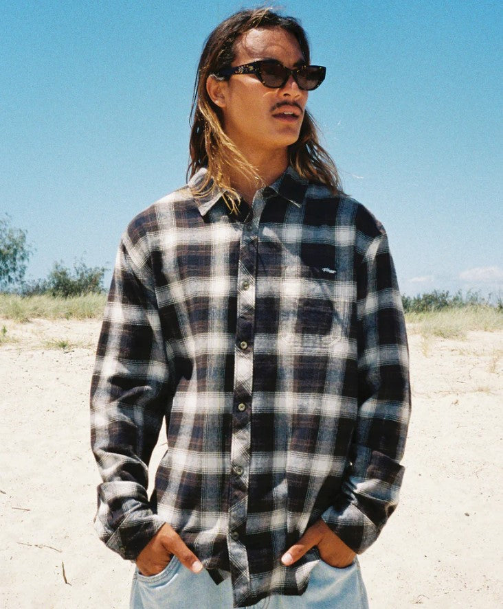 Quiksilver Coastline Mens Flannel in chcololate on model from front