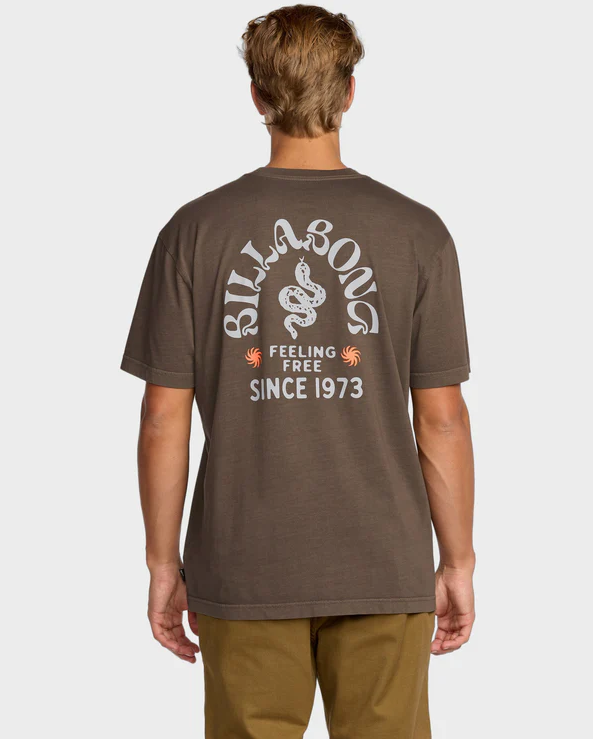Billabong Coiled Premium Wave Wash Tee in dark brown colourway on model from rear