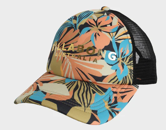 Billabong Des Tropiques Womens Trucker Cap in black and tropical colourway