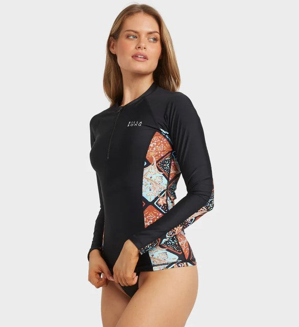 Billabong Forever Folk Reef Break Long Sleeve Womens Rash Shirt in black pebble colourway on model from side