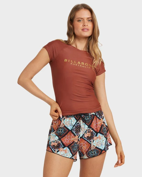 Billabong Forever Folk Swim Womens 3" Volley Shorts in black pebble with multi coloured detail on model in brown rash top from front close up