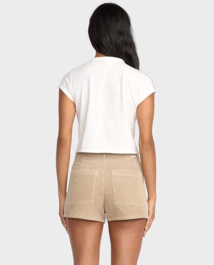 Billabong Freefall Cord Womens Shorts in cobblestone colourway on model in white tee from rear