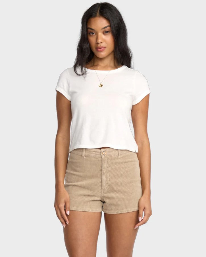 Billabong Freefall Cord Womens Shorts in cobblestone colourway on model in white tee from front